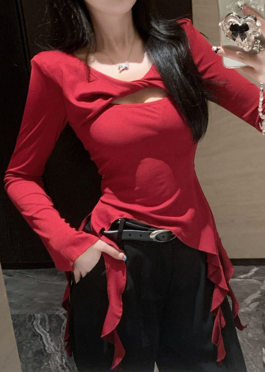 lim Fit Hollow Spring Baumwollhemd Rot T Asymmetrische Out