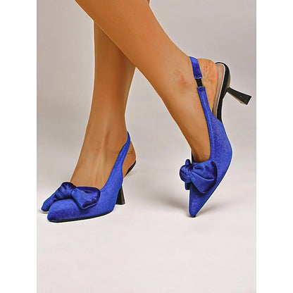 Women's Bow Pointed Velvet Heels Slingback Toe with Blue