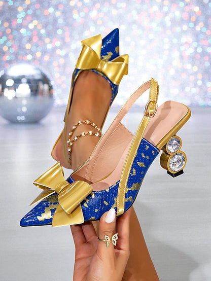 - Heel High and Bow Women's Gold Slingback Pumps Blue
