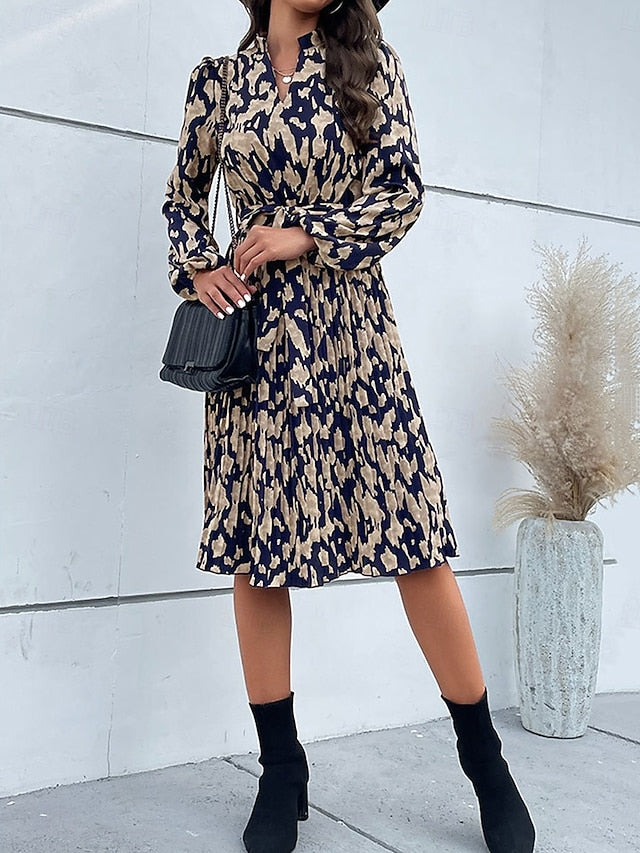 Women's Floral V Neck Midi Dress Long Sleeve Spring Fall