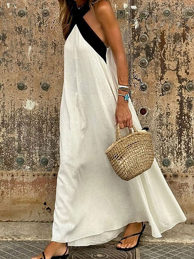 Women's Black White Summer Spring Maxi Dress Cotton Blend