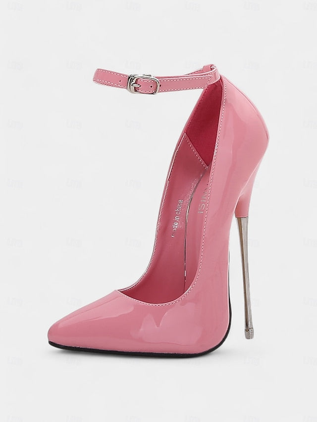 Ankle Stiletto Strap Red Heels Leather Women's with Patent