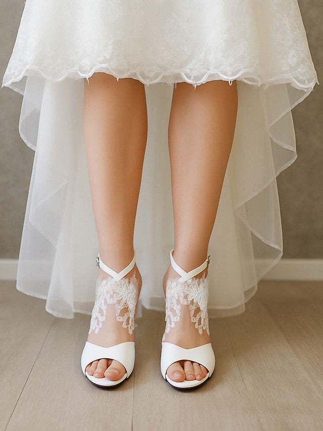 Lace Block Women's Sandals Strap Ankle Heel with - White