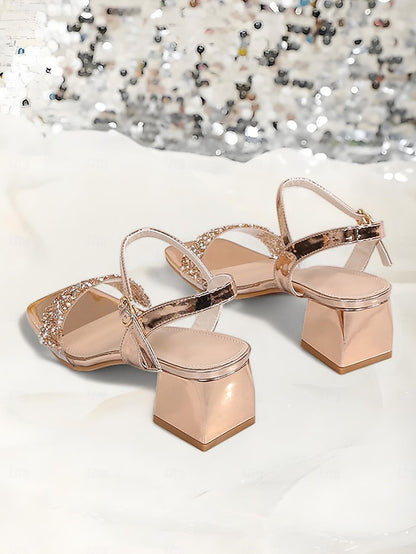 Block Wedding Sandals Women Rhinestone for Gold Heel Elegant –