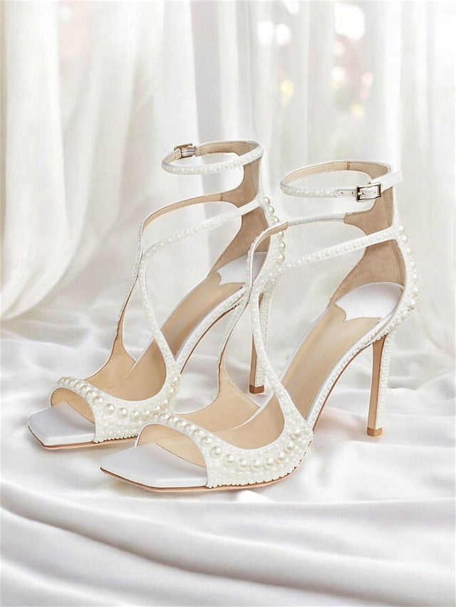 Open-Toe Stiletto Ankle White Sandals Pearl-Embellished with