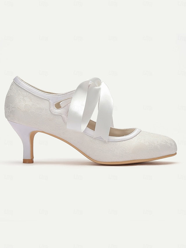 Satin Ribbon Bridal - Elegant White Pumps Vintage Lace with Ties