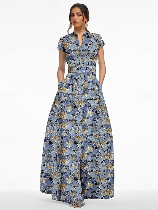 Jacquard Evening Brocade Elegant Dress A-Line Formal Floral Gown