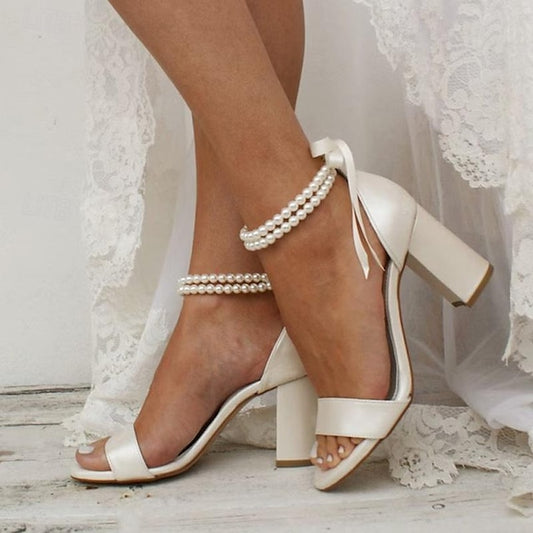 Heels Wedding Pearl Anklet Satin and Block Sandals - White with