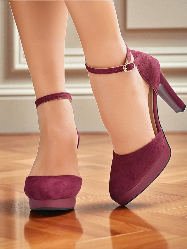 High 1950s Women's Ankle Heel Suede Strap Platform Burgundy