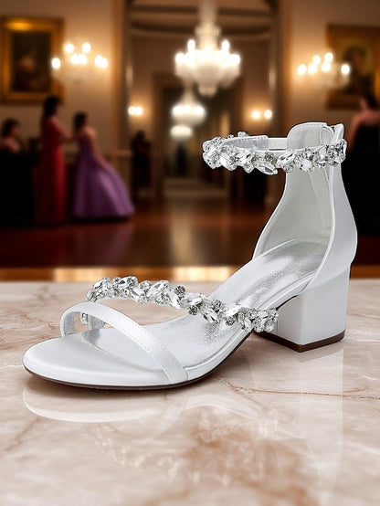 Purple Satin Crystal Sandals - Women's Heel Block