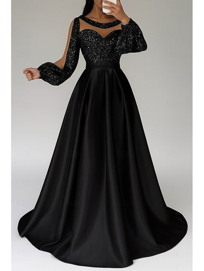 Sequined Red Dress Elegant A-Line Formal Black Gown Evening