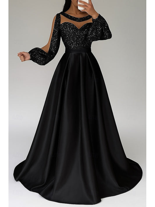 Sequined Red Dress Elegant A-Line Formal Black Gown Evening