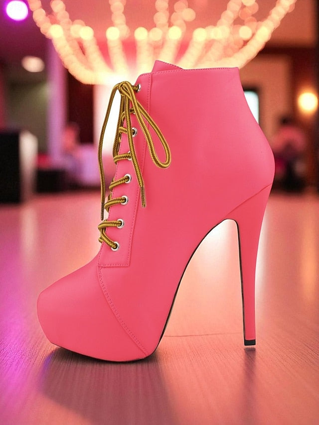 Boots Platform Beige Ankle - Women's Lace-Up Leather Faux