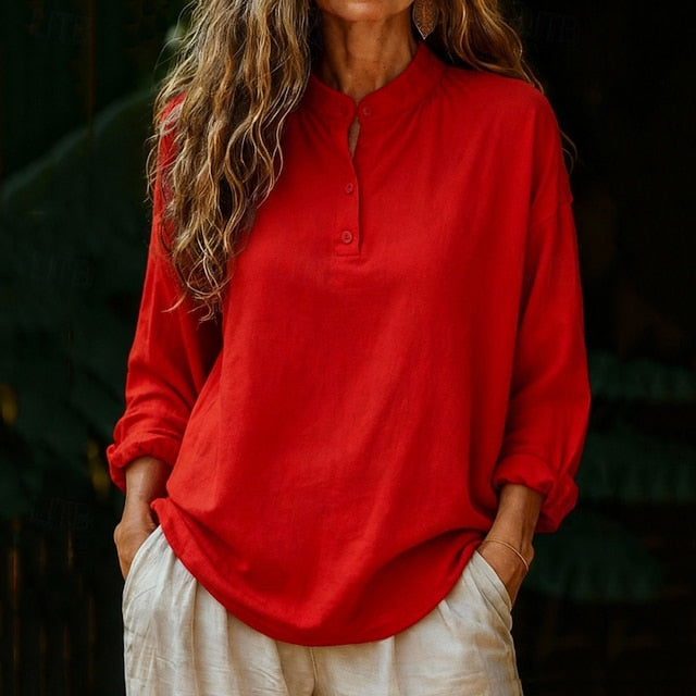 Women's Shirt Blouse Faux Cotton Linen Plain Stylish Modern