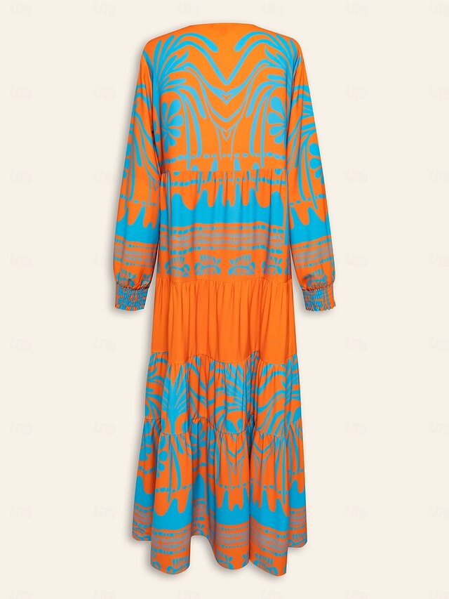 Plants Linear Button Up Crew Neck Ethnic Casual Maxi Dress