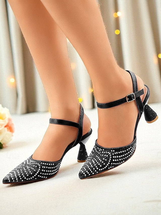 Toe Red Pointed Women's Heels Slingback Rhinestone