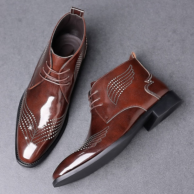 Leather Brogue Burgundy Glossy Faux Ankle Men's Wingtip