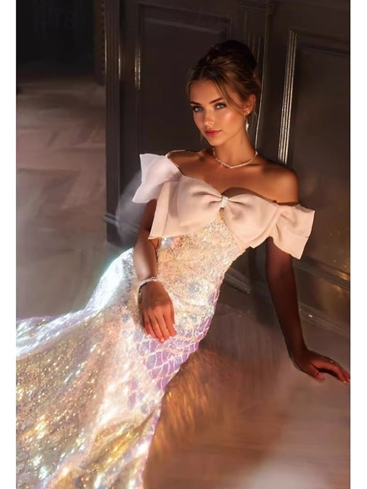 A-Line Floor Length Prom Dresses Elegant Glittering Short Sleeve