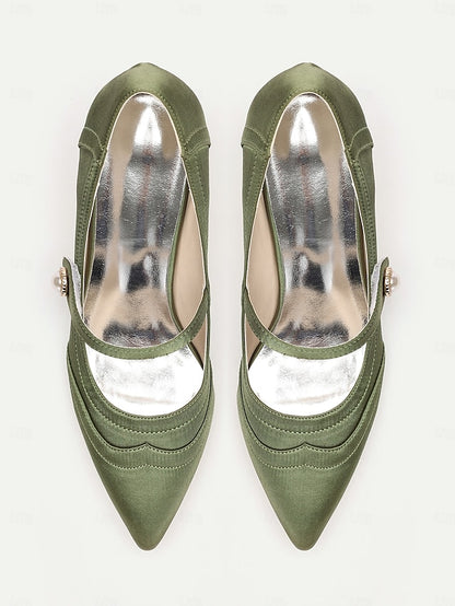 Elegant Green Heels - Button Satin Jane Pearl Mary with