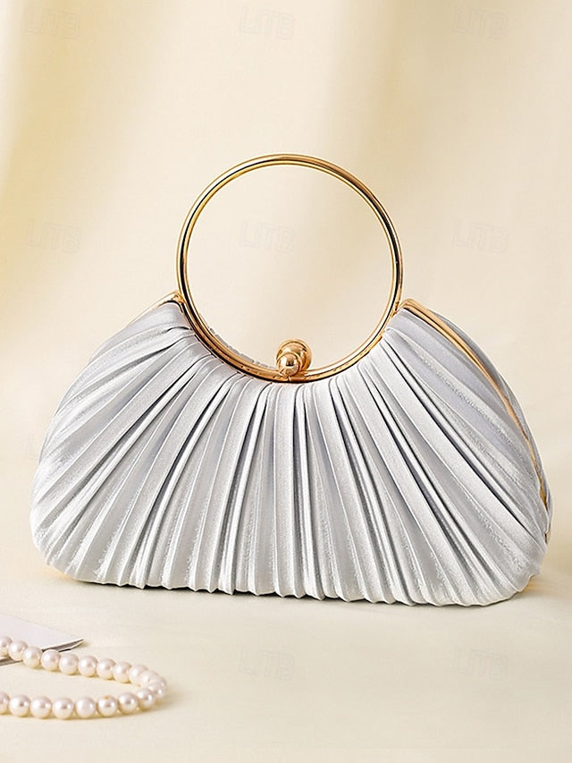 with - Elegant Handle Clutch Ring Green Gold Pleated Velvet