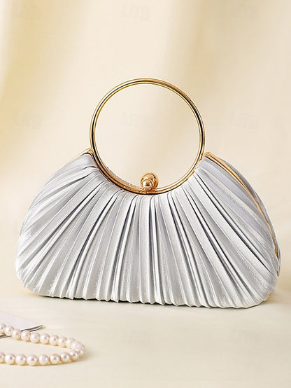 with - Elegant Handle Clutch Ring Green Gold Pleated Velvet