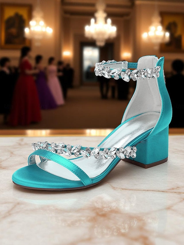 Purple Satin Crystal Sandals - Women's Heel Block