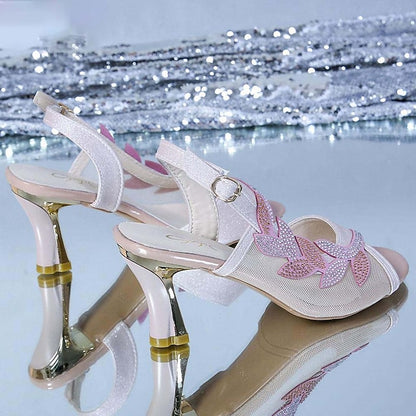 Heeled Sandals Rhinestone White Mesh – Elegant Women's