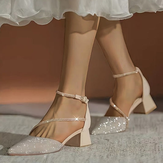 with Ankle Glitter Toe Pointed Mesh Women's Block Heels