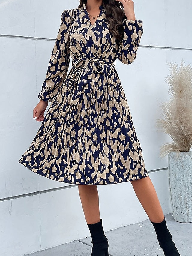 Women's Floral V Neck Midi Dress Long Sleeve Spring Fall