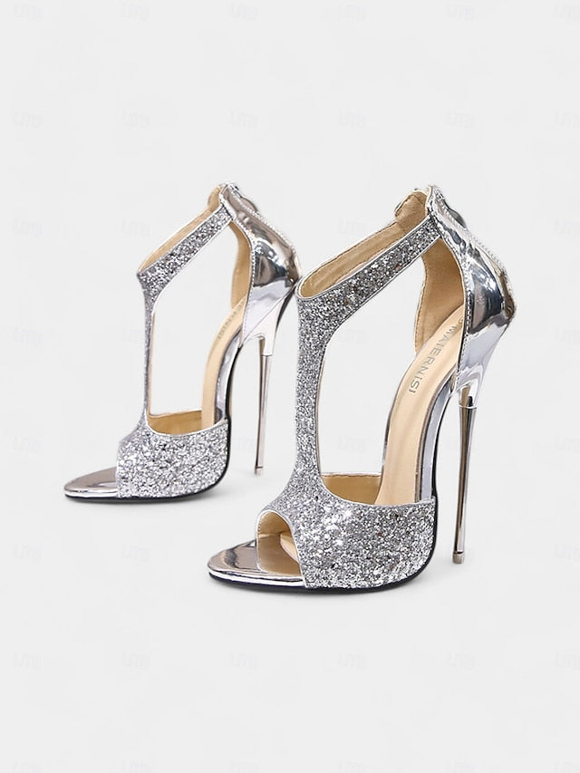 Design T-Strap Open Toe Glitter Gold and for Heels Stiletto with