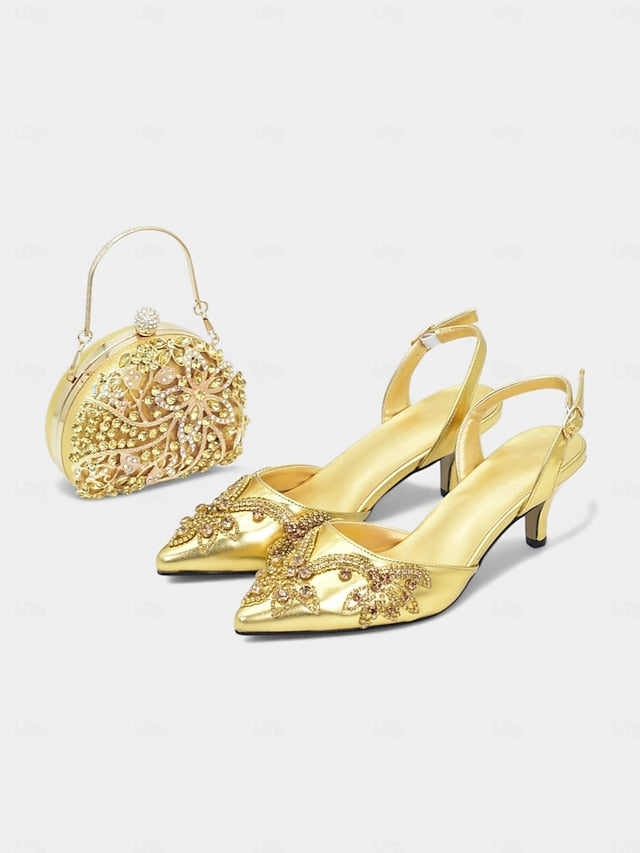 Gold Heels Matching with Embellished Slingback Handbag –