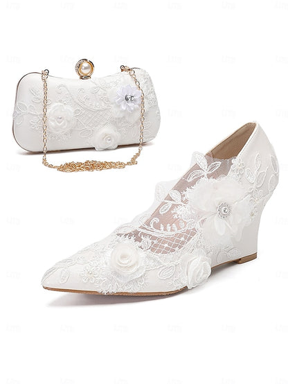 Wedding Shoes White Lace Embellishments with Floral