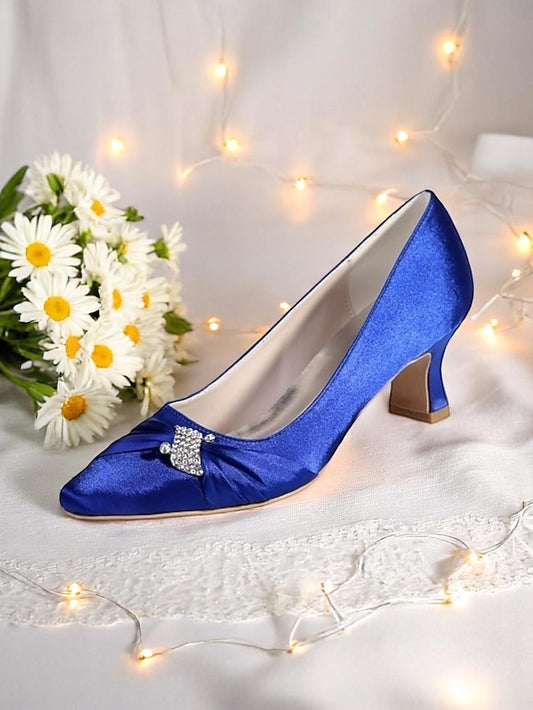 Heels Kitten Rhinestone Satin Bow with Blue Royal Women's