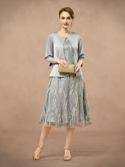 Elegant Pieces the of Mother Two A-Line Dress Neck Bride Jewel