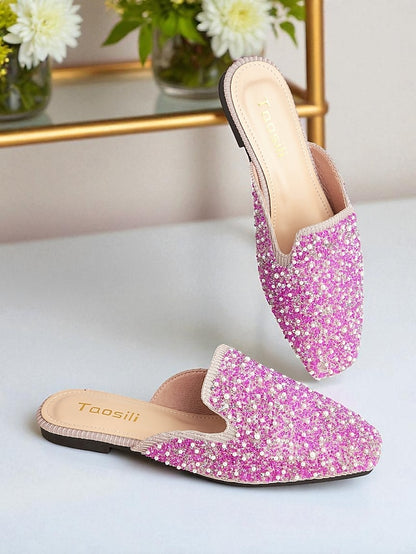 Rhinestone and Pink - Women's Pearl Mules Embellished