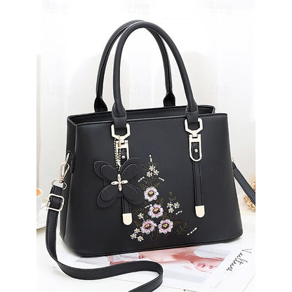 Faux Women's Handbag Embroidery Floral with Leather Green