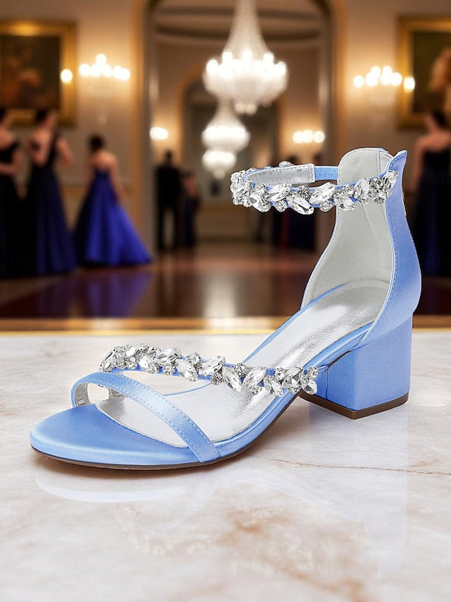 Purple Satin Crystal Sandals - Women's Heel Block