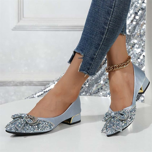 Women's Glitter Flats Rhinestone Detail - Elegant Bow with