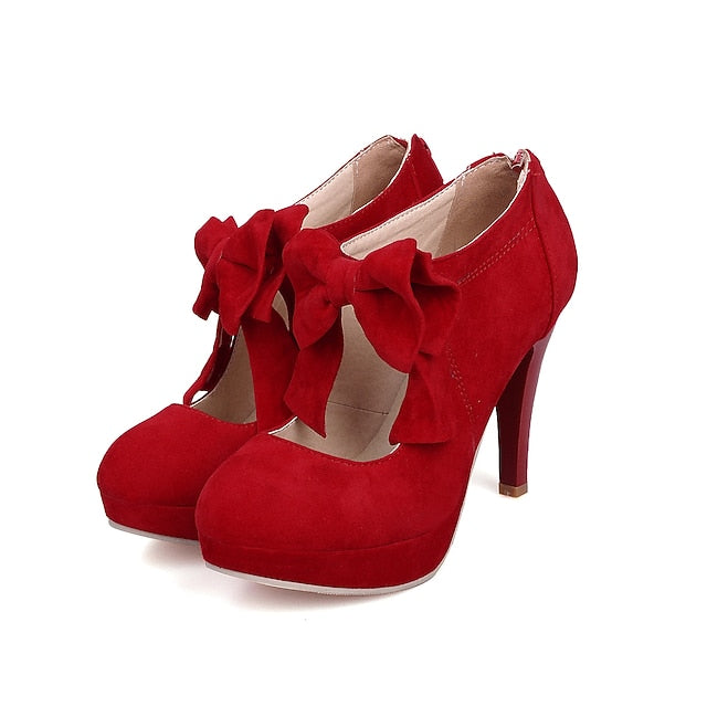 Pumps Bow Suede Vintage Platform High Women's Heel – Red
