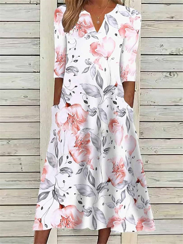 Women's Midi Dress Floral Ruched Pocket V Neck Daily