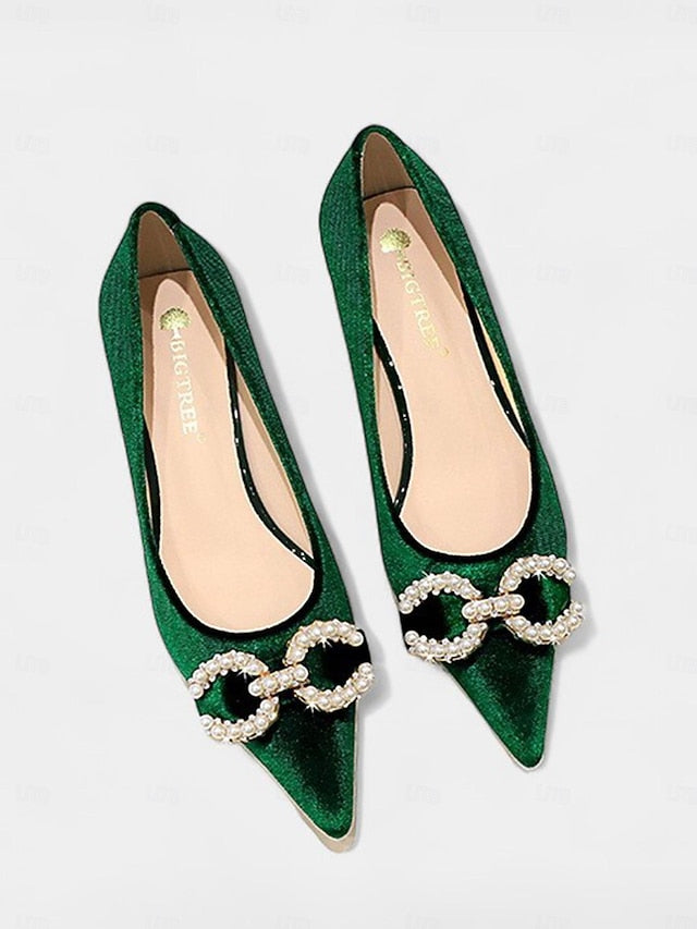 Women's Pearl Velvet Bow with Pumps - Burgundy Kitten Heel