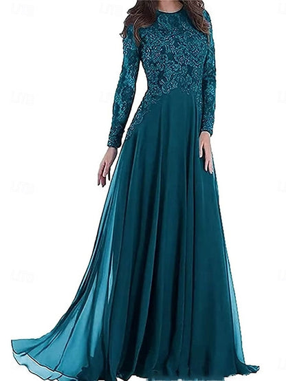 Neck Elegant Mother Dress Party Floor Bride Crew of A-Line the