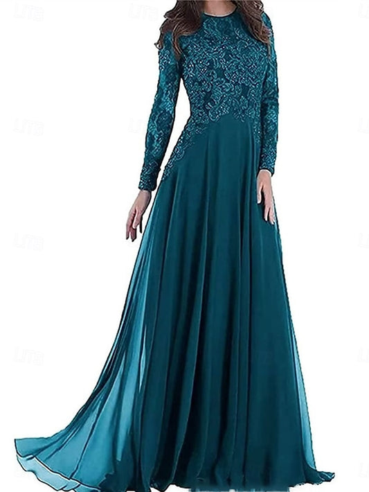 Neck Elegant Mother Dress Party Floor Bride Crew of A-Line the