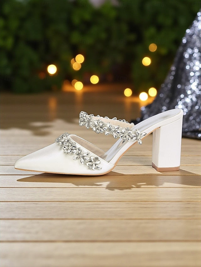 Floral Black Women's Block with Mules Rhinestone Heel Satin