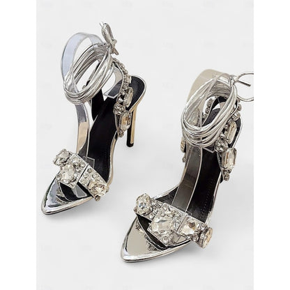 Stiletto Green Women's Heels Lace-Up with Metallic