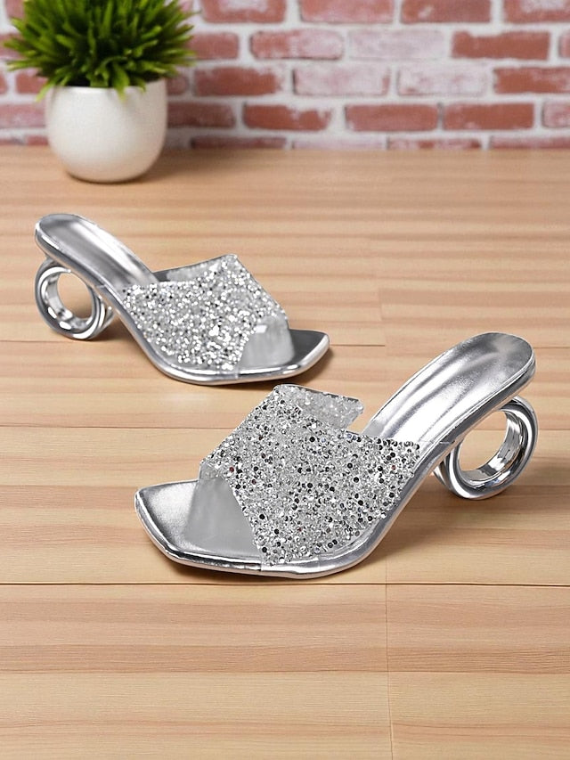 Unique Rhinestone Ring Toe with Women's Silver Mules Open