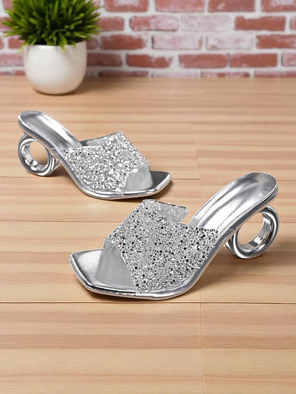 Unique Rhinestone Ring Toe with Women's Silver Mules Open