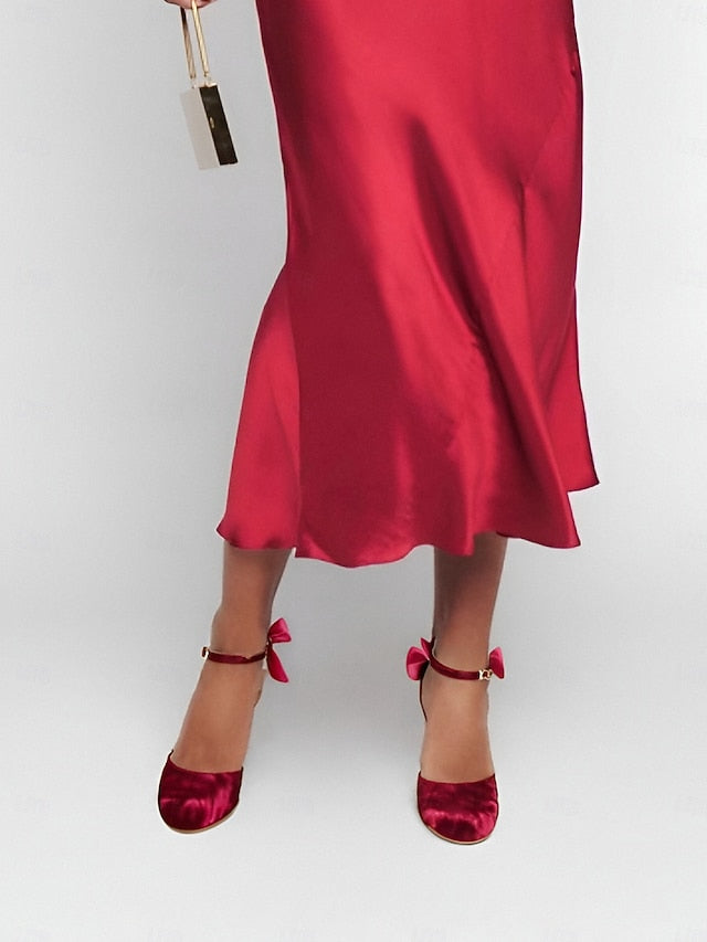 Women's with Burgundy Big Bow Jane Mary and Velvet Heels