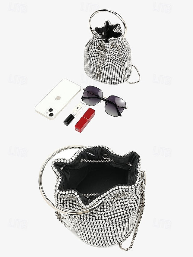 Women's Sparkling Silver with Metal Bucket Bag Rhinestone