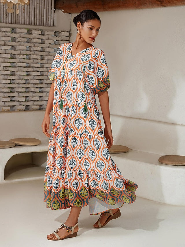 Satin Rainbow Totem Print Swing Maxi Dress